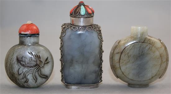 Three Chinese pale grey jade snuff bottles, 1850-1940, Richards no.s 449, 242 and 447